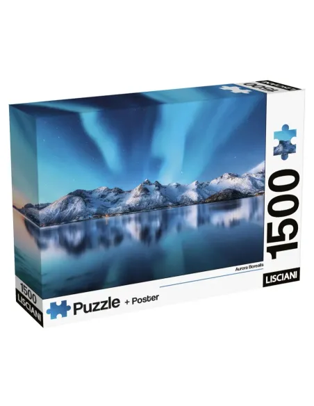 Puzzle 1500 pezzi Aurora Boreale sul fiordo innevato Lisciani Super Shine con poster