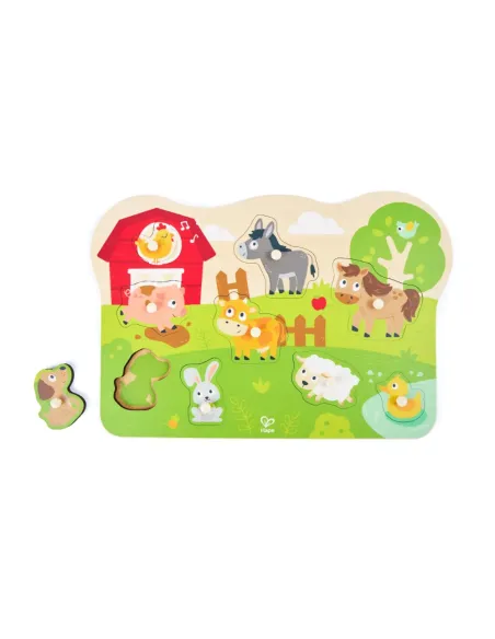 HAPE PUZZLE ANIMALI DELLA FATTORIA IN LEGNO CON POMELLI (E1458)