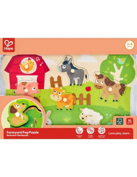 HAPE PUZZLE ANIMALI DELLA FATTORIA IN LEGNO CON POMELLI (E1458)
