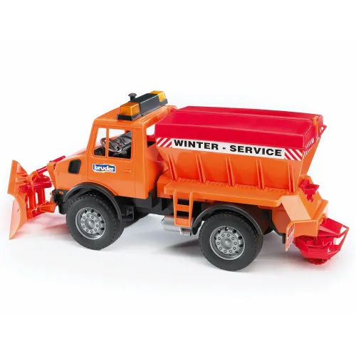 Camion spargisale Mercedes-Benz Unimog Bruder 02572 con pala spazzaneve