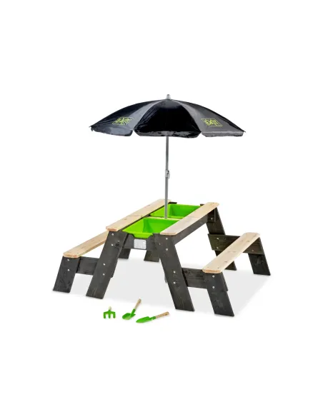 EXIT Tavolo da pic-nic Aksent, sabbia e acqua con 2 panchine, ombrellone e attrezzi da giardino