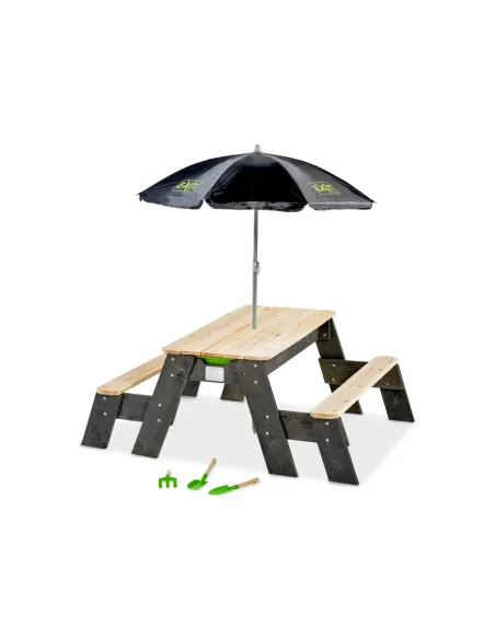 EXIT Tavolo da pic-nic Aksent, sabbia e acqua con 2 panchine, ombrellone e attrezzi da giardino
