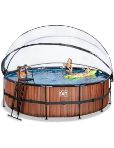 EXIT Piscina "Wood" ø488x122 cm con filtro a sabbia e cupola protettiva - Marrone