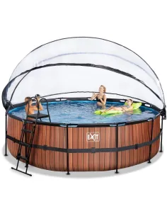 EXIT Piscina "Wood" ø488x122cm con filtro a sabbia, cupola protettiva e riscaldamento acqua-Marrone