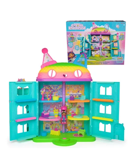Gabby's Dollhouse , Casa delle bambole per festeggiamenti da 14 pezzi a tema arcobaleno, personaggi giocattolo, mobili per la ca