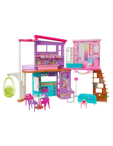 Barbie Casa di Malibu (106 cm) playset casa delle bambole con 2 piani, 6 stanze, ascensore altalena e più di 30 pezzi, Giocatto