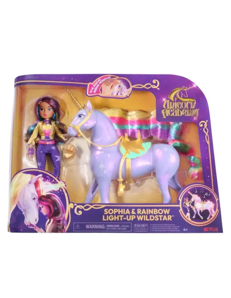 Unicorn Academy, Sophia & Interactive Rainbow Light-up Wildstar Unicorn, giocattolo con luci, suoni e musica, bambole e unicorni