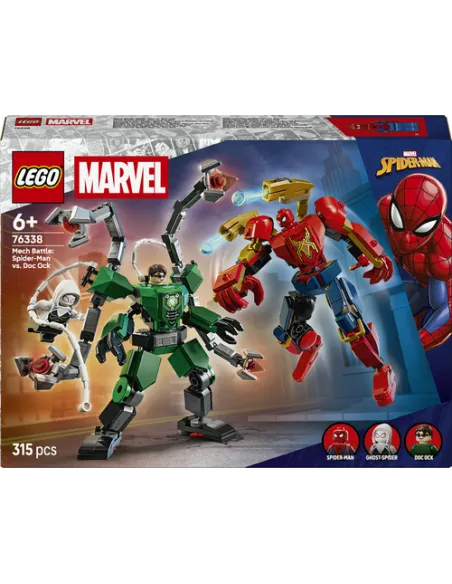 LEGO Marvel | 76338 Battaglia Mech: Spider-Man vs. Doc Ock, Giocattolo da Supereroi, 2 Action Figure, 3 Minifigure, Regalo 6+
