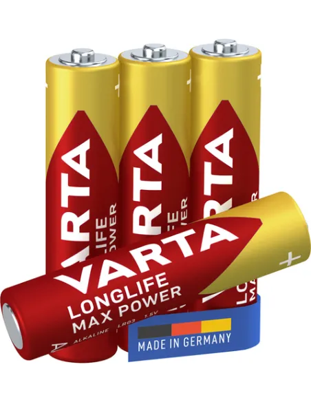 Varta Longlife Max Power, Batteria Alcalina, AAA, Micro, LR03, 1.5V, Blister da 4, Made in Germany
