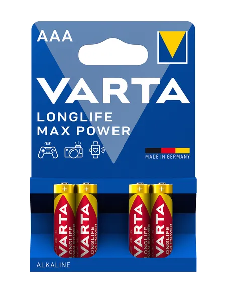 Varta Longlife Max Power, Batteria Alcalina, AAA, Micro, LR03, 1.5V, Blister da 4, Made in Germany