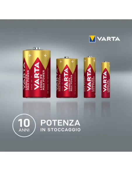 Varta Longlife Max Power, Batteria Alcalina, AAA, Micro, LR03, 1.5V, Blister da 4, Made in Germany