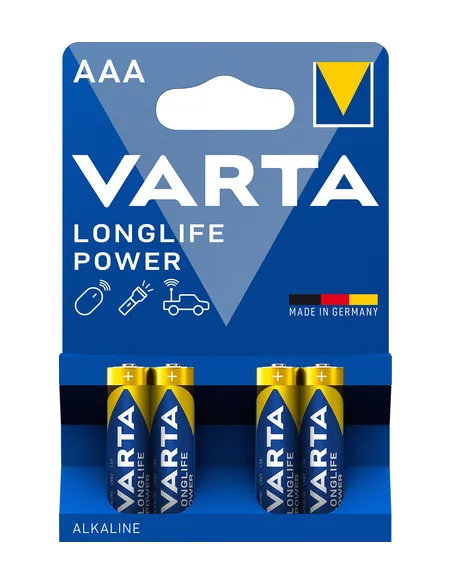 Varta Longlife Power, Batteria Alcalina, AAA, Micro, LR03, 1.5V, Blister da 4, Made in Germany