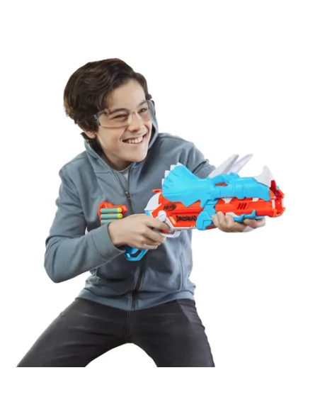 Nerf DinoSquad - Tricera-blast (blaster con alloggiamento per caricamento di 3 dardi, con supporto dardi e design dinosauro Tric