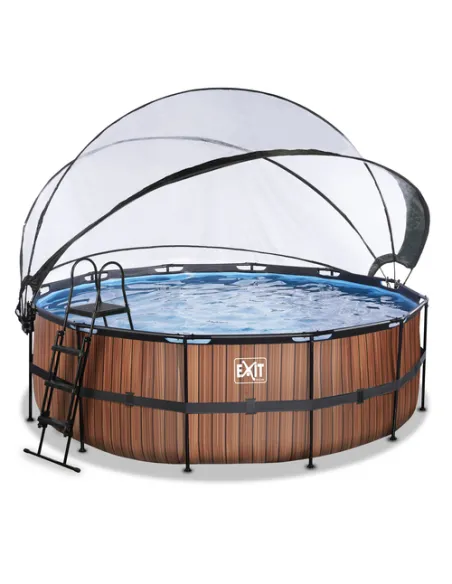EXIT Wood pool ø427x122cm with dome and sand filter and heat pump - brown Piscina con bordi Piscina rotonda 14758 L Marrone