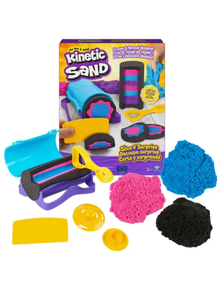 Kinetic Sand |Set Slice N' Surprise | Sabbia cinetica 380gr | Sabbia magica | Sabbia colorata nera, rosa e blu | 7 accessori e s