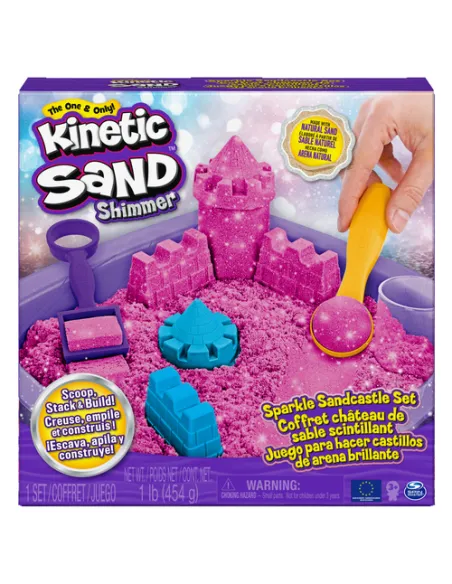 Kinetic Sand , Castello di Sabbia Cinetica Shimmer, 454gr, Glitterata Rosa, 3 accessori e vaschetta inclusi, Giocattoli per bamb
