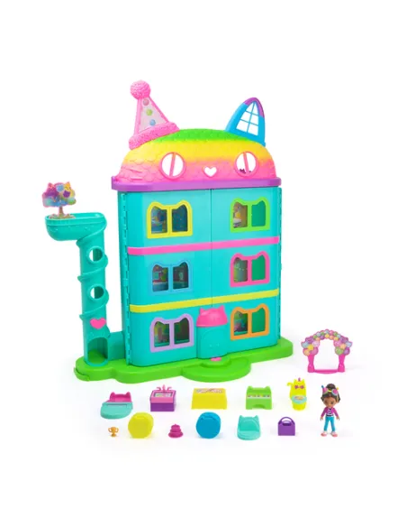 Gabby's Dollhouse , Casa delle bambole per festeggiamenti da 14 pezzi a tema arcobaleno, personaggi giocattolo, mobili per la ca