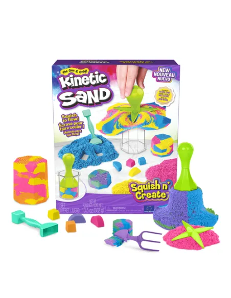 Kinetic Sand , Set Gioco Squish N’ Create, Sabbia colorata in 3 variazioni, Sabbia cinetica 382 g, 5 accessori per modellare l