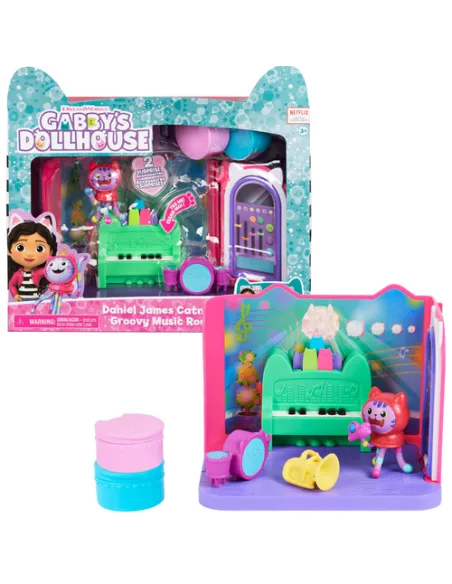 Gabby's Dollhouse , Groovy Music Room con personaggio Daniel James Catnip, 2 accessori, 2 mobili e 2 scatole con sorpresa, gioca