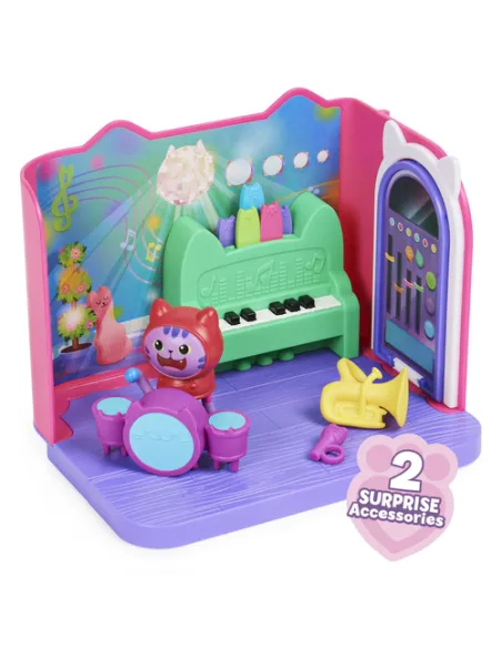 Gabby's Dollhouse , Groovy Music Room con personaggio Daniel James Catnip, 2 accessori, 2 mobili e 2 scatole con sorpresa, gioca