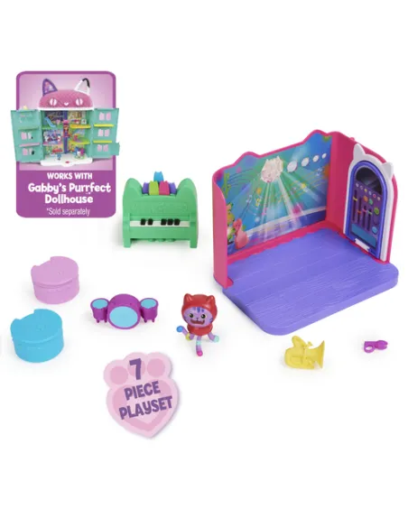 Gabby's Dollhouse , Groovy Music Room con personaggio Daniel James Catnip, 2 accessori, 2 mobili e 2 scatole con sorpresa, gioca