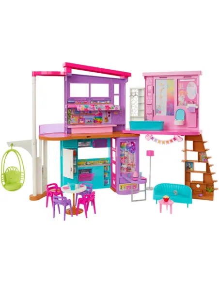 Barbie Casa di Malibu (106 cm) playset casa delle bambole con 2 piani, 6 stanze, ascensore altalena e più di 30 pezzi, Giocatto