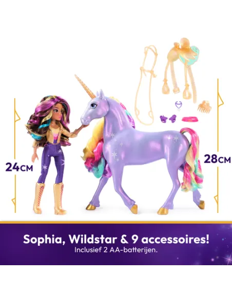 Unicorn Academy, Sophia & Interactive Rainbow Light-up Wildstar Unicorn, giocattolo con luci, suoni e musica, bambole e unicorni