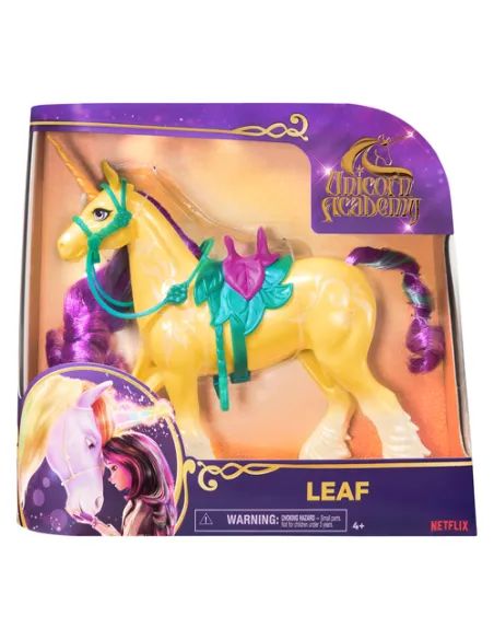 Unicorn Academy , unicorno Leaf con testa che si muove, 2 accessori per l'equitazione, 28 cm, compatibile con la bambola alla mo
