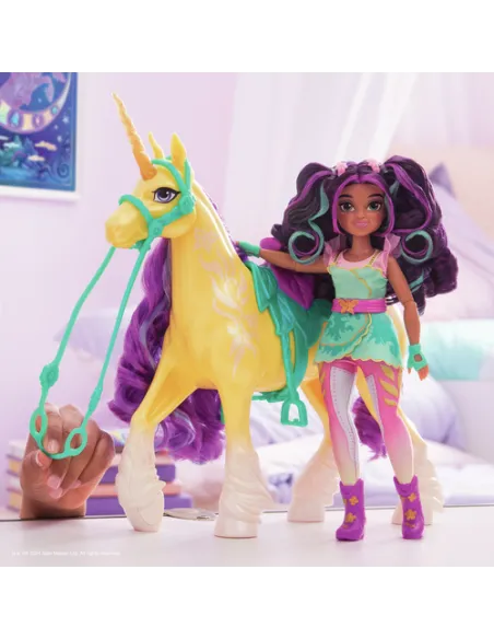 Unicorn Academy , unicorno Leaf con testa che si muove, 2 accessori per l'equitazione, 28 cm, compatibile con la bambola alla mo