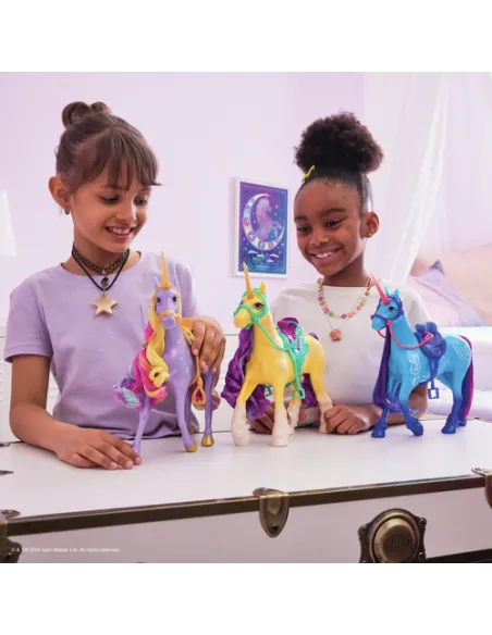 Unicorn Academy , unicorno Leaf con testa che si muove, 2 accessori per l'equitazione, 28 cm, compatibile con la bambola alla mo