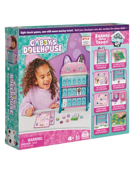 Games Gabby's Dollhouse, Quartier Generale con 8 Giochi da Tavolo Classici: Dama, Tris, Gioco delle Coppie, Tombola, Ispirati al