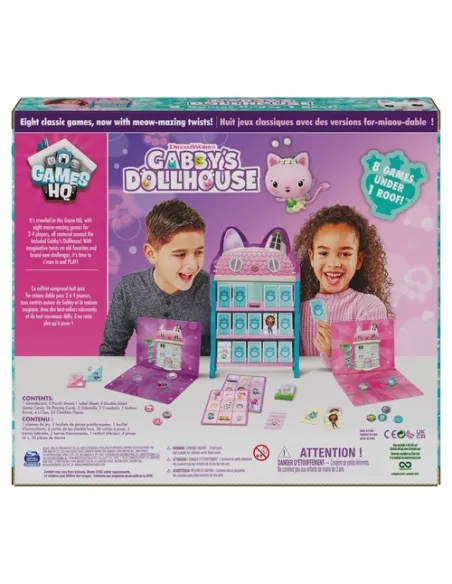 Games Gabby's Dollhouse, Quartier Generale con 8 Giochi da Tavolo Classici: Dama, Tris, Gioco delle Coppie, Tombola, Ispirati al