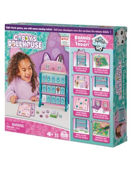 Games Gabby's Dollhouse, Quartier Generale con 8 Giochi da Tavolo Classici: Dama, Tris, Gioco delle Coppie, Tombola, Ispirati al