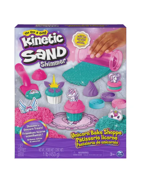 Kinetic Sand Shimmer, Set di Gioco Laboratorio di Pasticceria Unicorni, 453 g di Sabbia Cinetica, Verde Acqua Luccicante e Rosa,