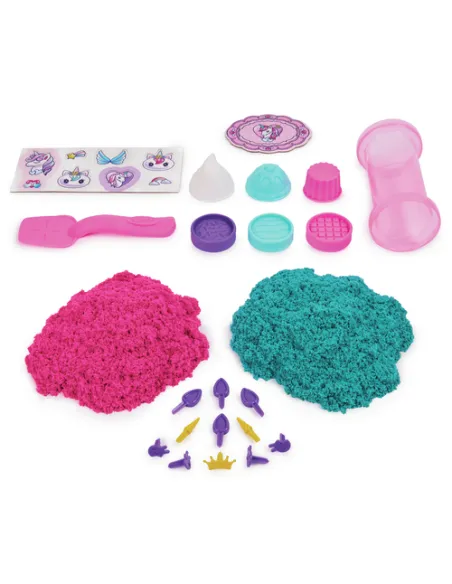 Kinetic Sand Shimmer, Set di Gioco Laboratorio di Pasticceria Unicorni, 453 g di Sabbia Cinetica, Verde Acqua Luccicante e Rosa,