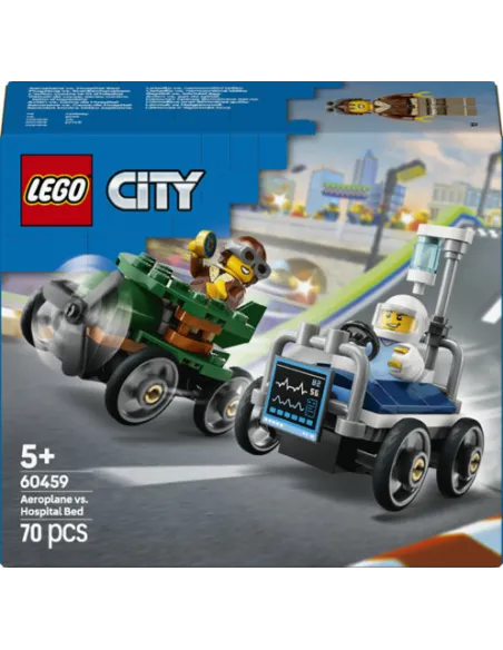 LEGO City 60459 Pack Veicoli da Corsa: Aereo Contro Letto d’Ospedale, Auto Giocattolo con 2 Minifigure, Giochi per Bambini 5+