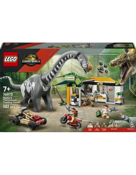 LEGO Jurassic World 76973 Alla Ricerca del Raptor e del Titanosauro, 2 Dinosauri Giocattolo, Fuoristrada, Moto per Bambini 7+