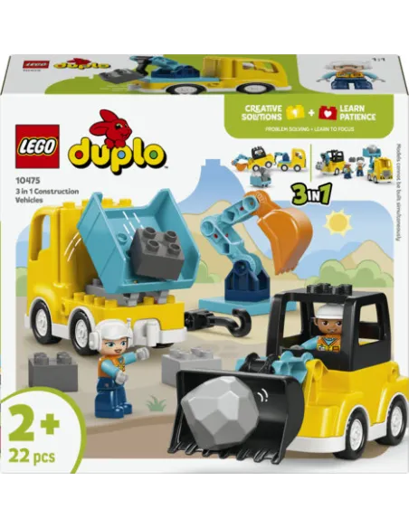 LEGO DUPLO 10475 Veicoli da Cantiere 3 in 1, Gioco Didattico Montessori 2+, Camion, Escavatore e Gru Giocattolo, Idea Regalo