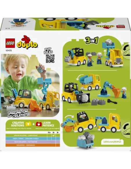 LEGO DUPLO 10475 Veicoli da Cantiere 3 in 1, Gioco Didattico Montessori 2+, Camion, Escavatore e Gru Giocattolo, Idea Regalo