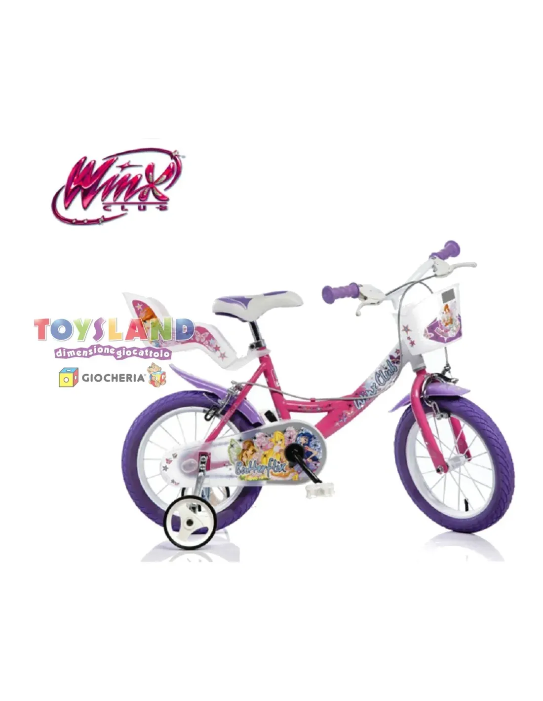 Bici 14 Winx Rosa, con rotelle stabilizzatrici removibili, freno anteriore  e posteriore, ruote gonfiabili | Toysland