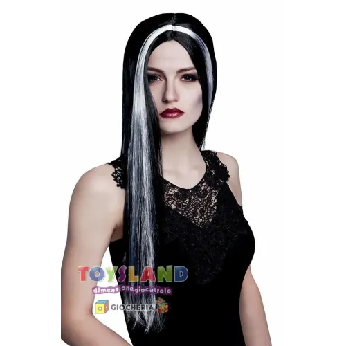 Parrucca Strega Nera Con Ciocche Bianche 72233 Lunghi Capelli Neri Con 2 Sole Ciocche Bianche Toysland